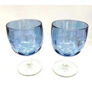 Vintage Bartlett Collins Blue Iridescent Thumbprint Set of 2 Stemmed Goblets